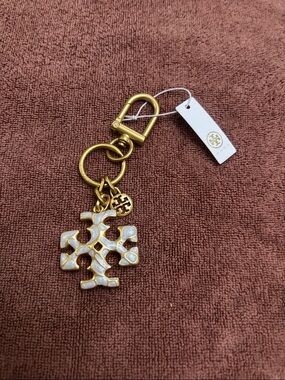 Tory Burch Gold-tone Keyring with White Enamel Logo Charm